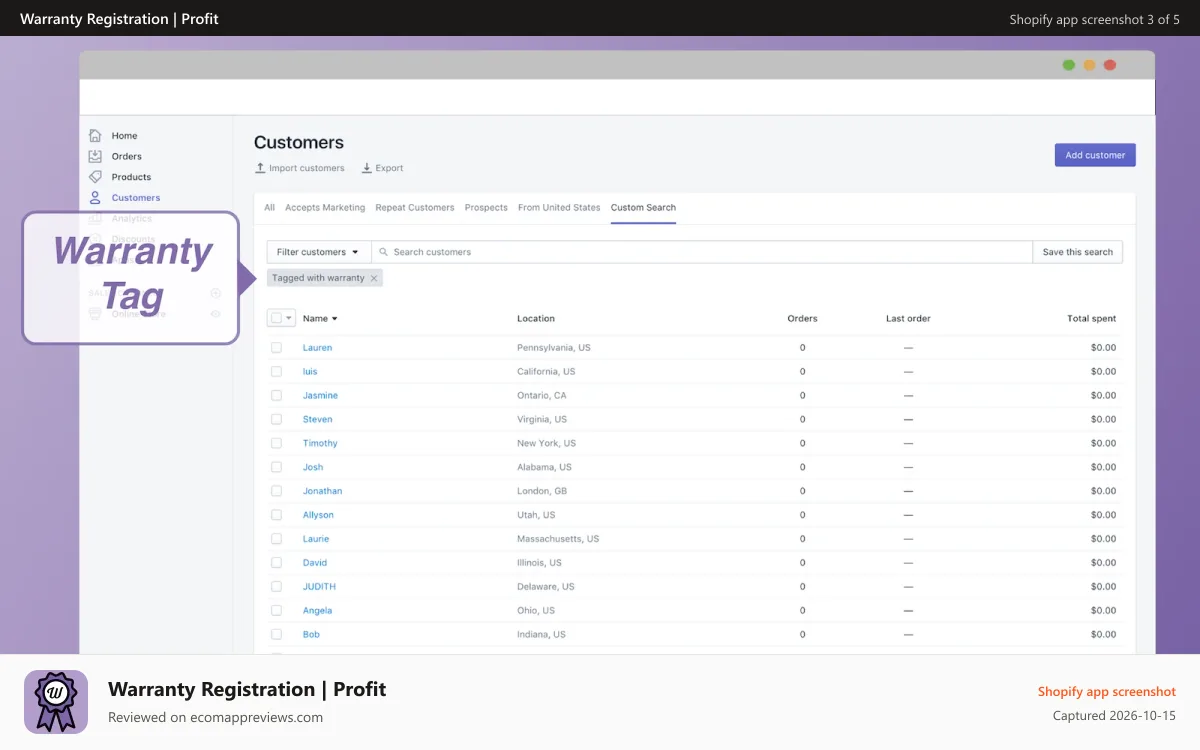 Warranty Registration | Profit Shopify app screenshot: Warranty tag in data base