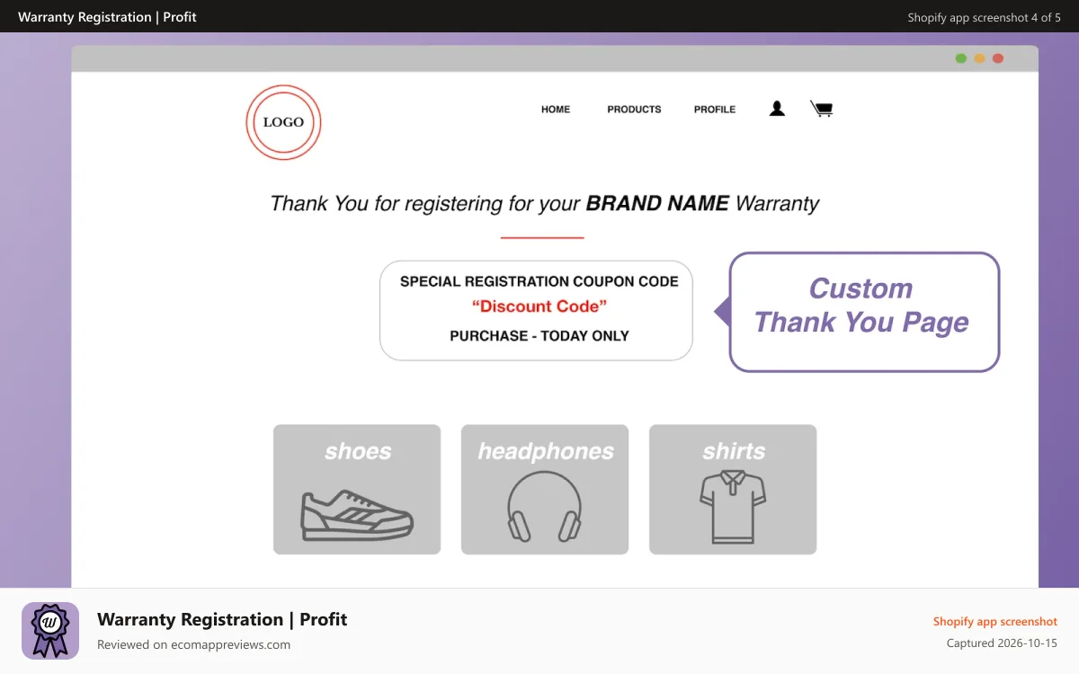 Warranty Registration | Profit Shopify app screenshot: Custom thank you page