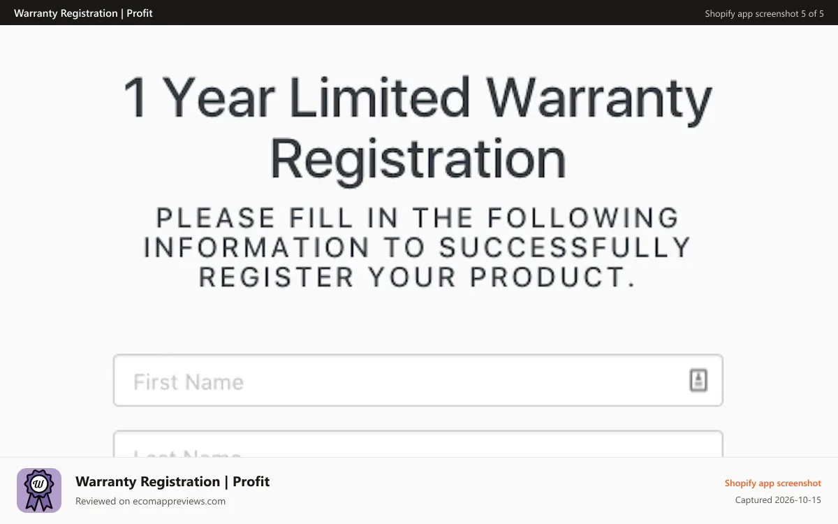 Warranty Registration | Profit Shopify app screenshot: Mobile view of warranty registration