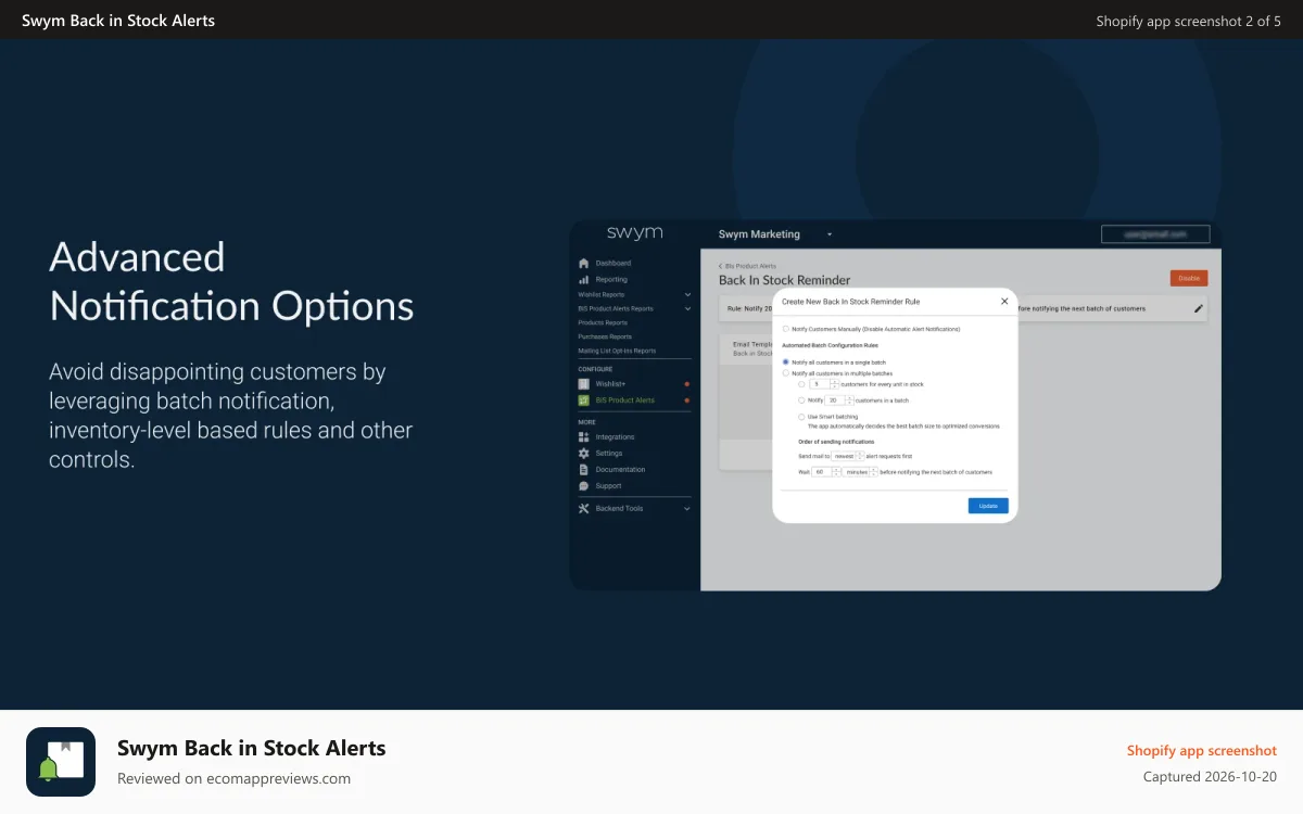 Swym Back in Stock Alerts Shopify app screenshot: Advanced notification options