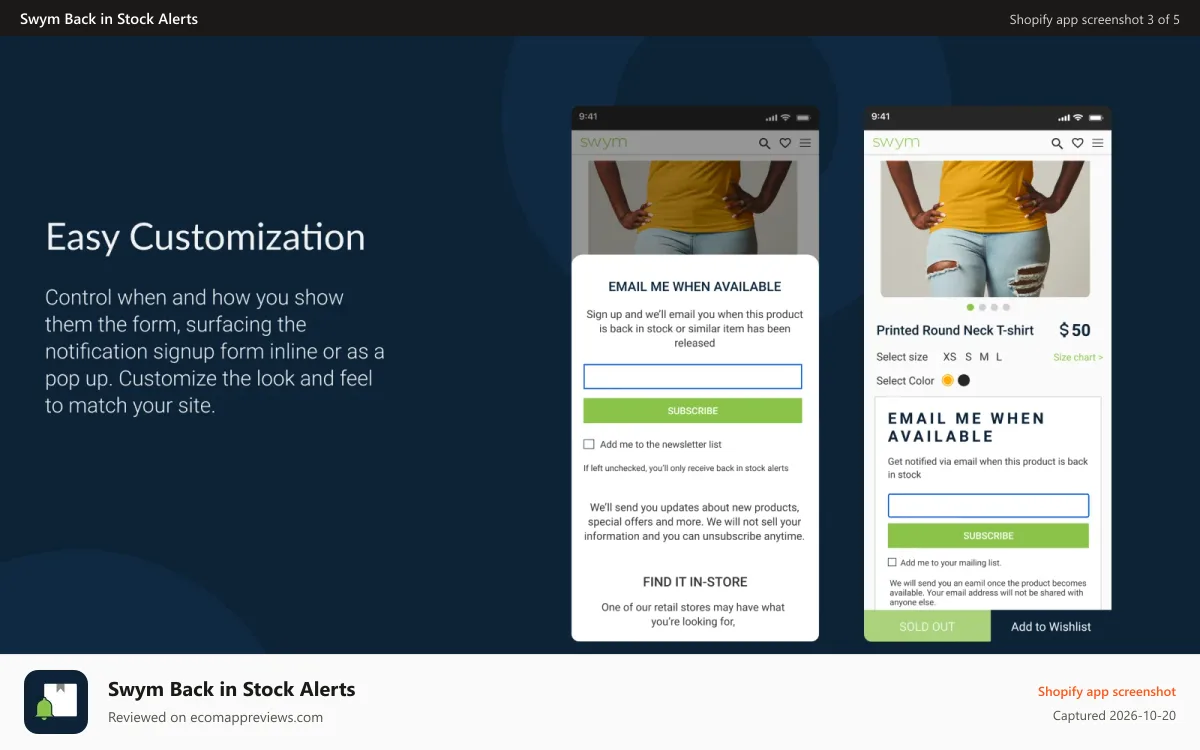 Swym Back in Stock Alerts Shopify app screenshot: Easy customization