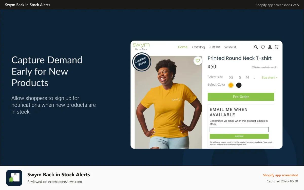 Swym Back in Stock Alerts Shopify app screenshot: Capture demand early for products