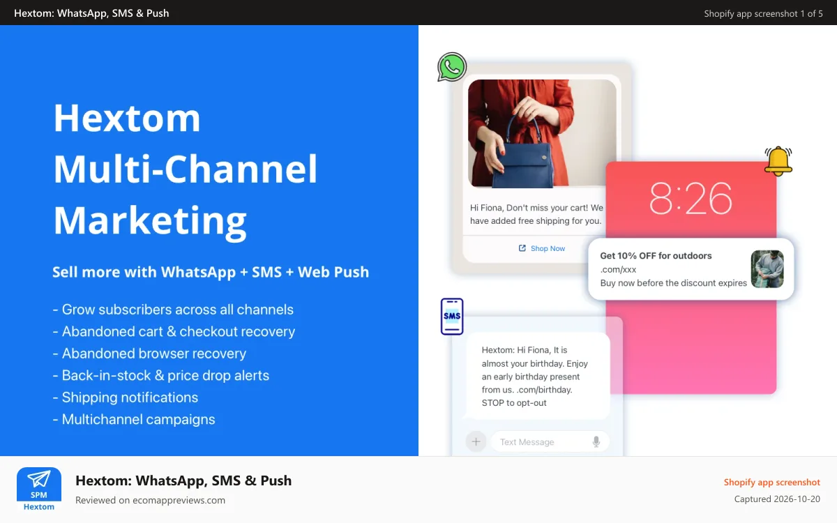 Hextom: WhatsApp, SMS & Push Shopify app screenshot: Hextom Shopify App - SMS & Web Push Marketing, cart recovery