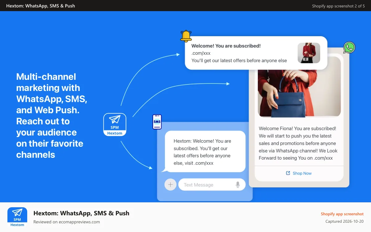 Hextom: WhatsApp, SMS & Push Shopify app screenshot: Hextom Shopify App - SMS & Web Push Marketing, cart recovery