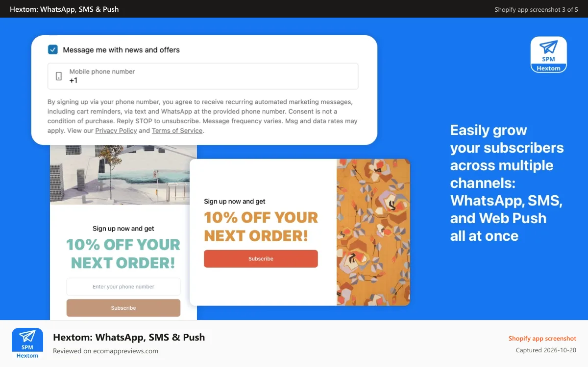 Hextom: WhatsApp, SMS & Push Shopify app screenshot: Hextom Shopify App - SMS & Web Push Marketing, cart recovery