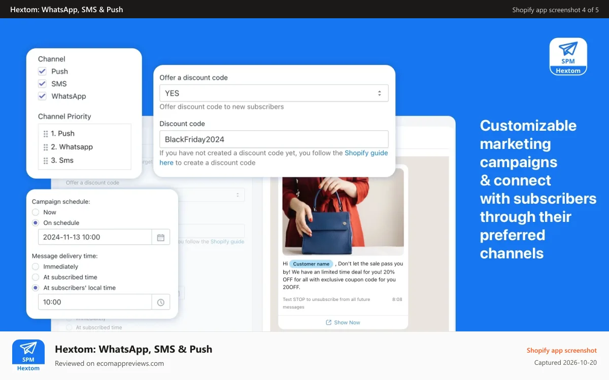 Hextom: WhatsApp, SMS & Push Shopify app screenshot: Hextom Shopify App - SMS & Web Push Marketing, cart recovery