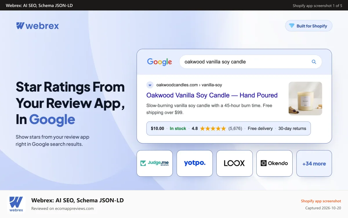 Webrex: AI SEO, Schema JSON‑LD Shopify app screenshot: review schema showing star rating in Google get more click sales