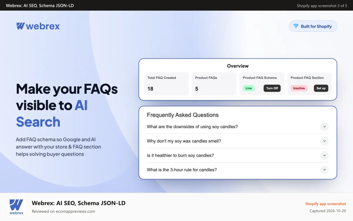 Webrex: AI SEO, Schema JSON‑LD Shopify app screenshot: AI FAQ schema for ai overviews and rich results