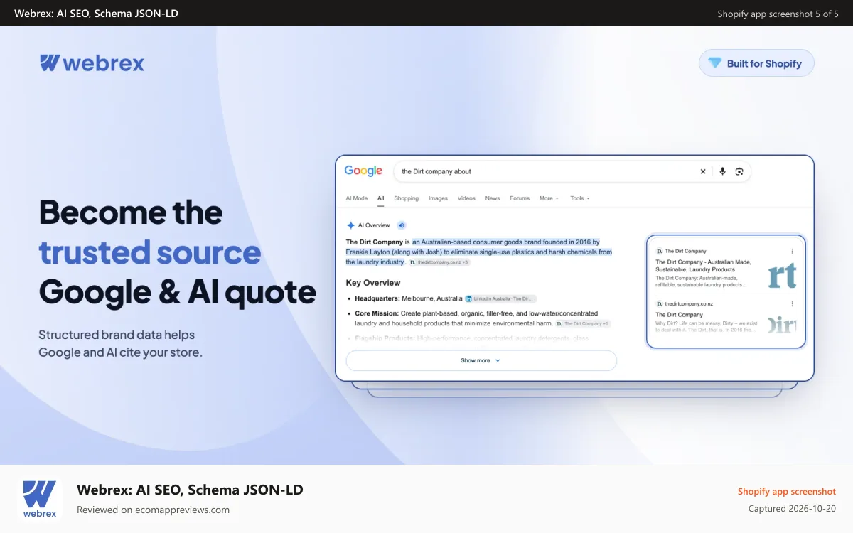 Webrex: AI SEO, Schema JSON‑LD Shopify app screenshot: brand schema json-ld ai search trust cited in Google AI Overview