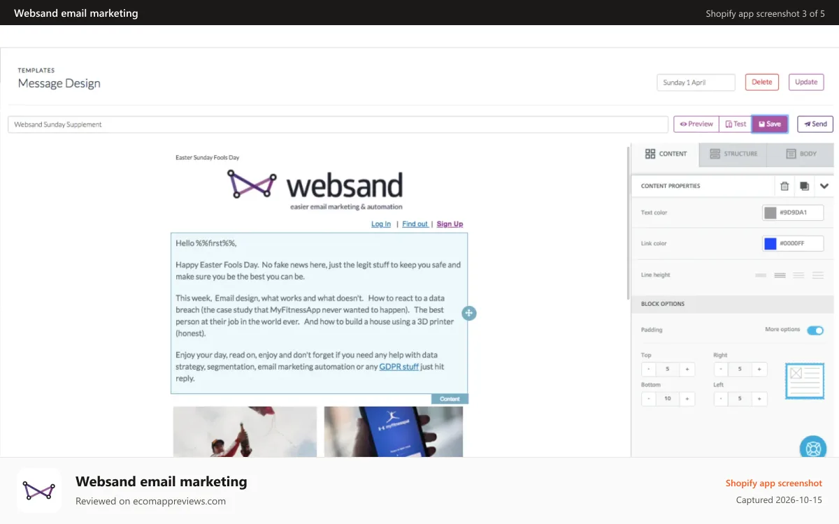 Websand email marketing Shopify app screenshot: Make Email Marketing Fun Again With Websand