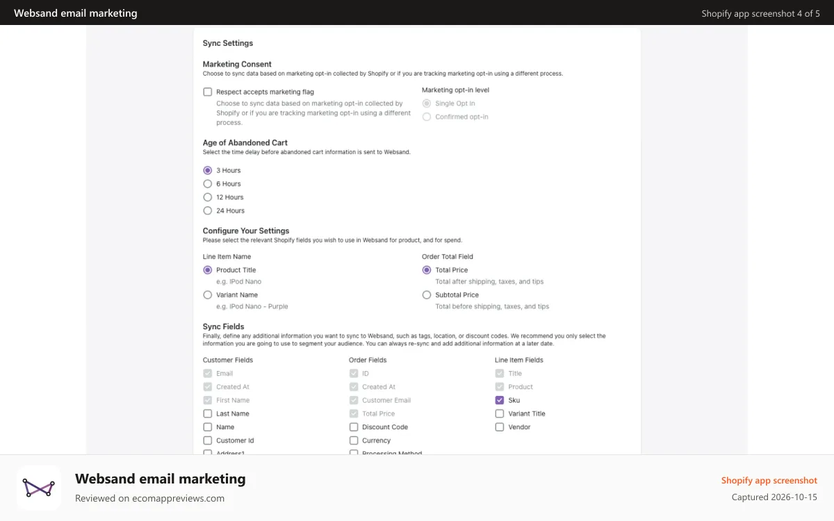 Websand email marketing Shopify app screenshot: Select the customer data you want to drive your marketing