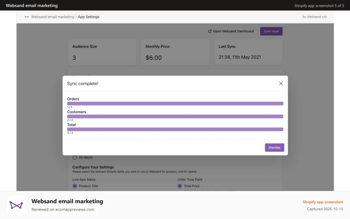 Websand email marketing Shopify app screenshot: Connect and sync your Shopify store to Websand