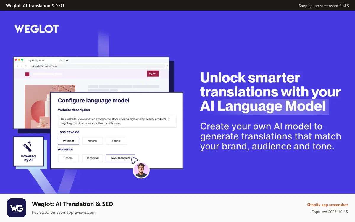 Weglot: AI Translation & SEO Shopify app screenshot: Unlock smarter translations with your AI Language Model