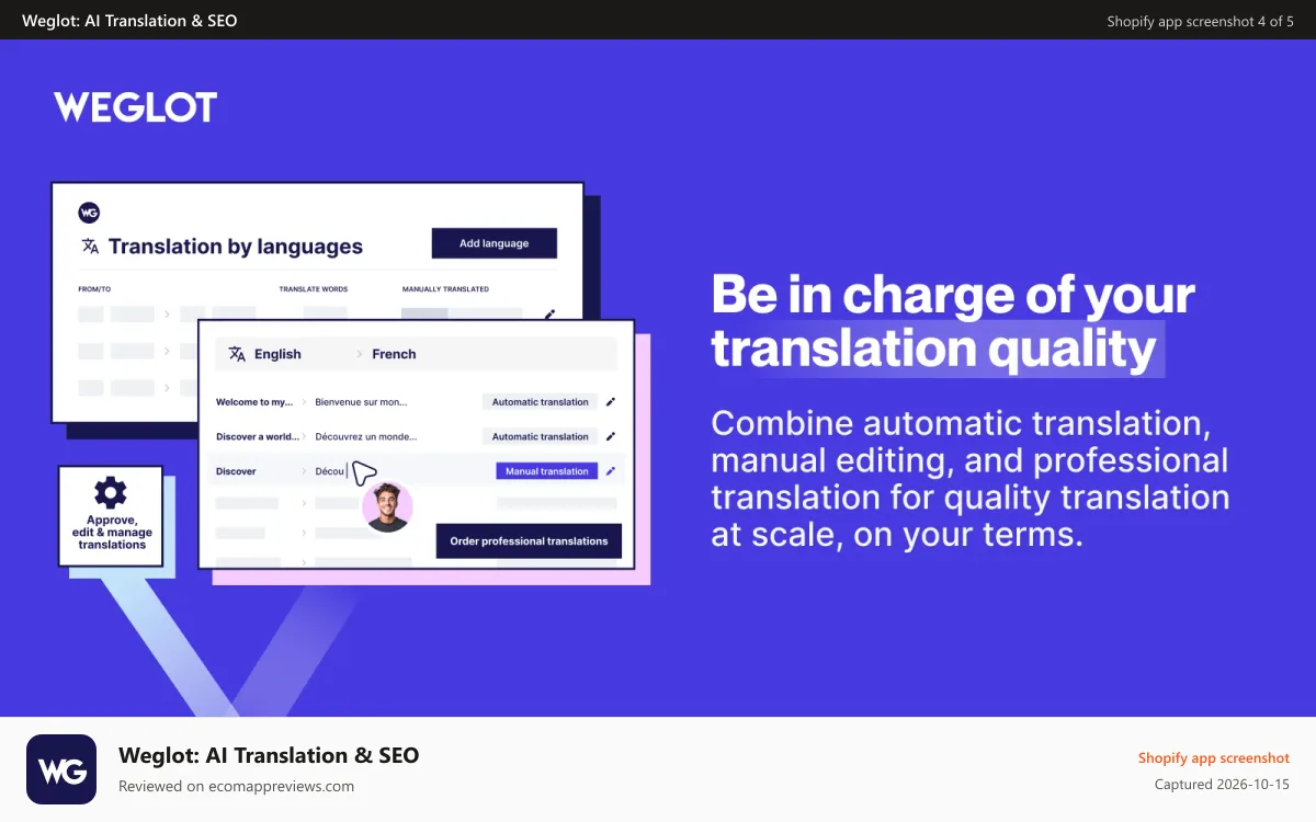 Weglot: AI Translation & SEO Shopify app screenshot: Be in charge of your translation quality