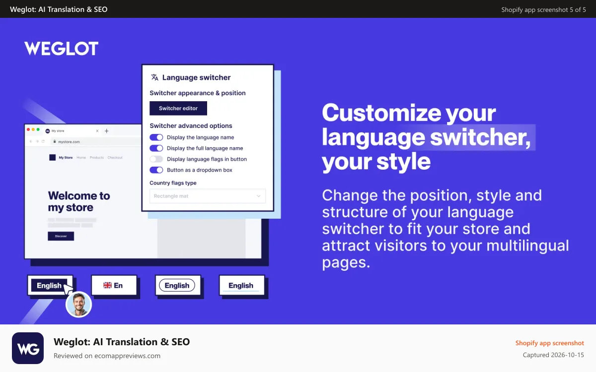 Weglot: AI Translation & SEO Shopify app screenshot: Customize your language switcher to fit your store design