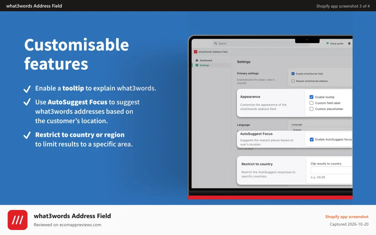 what3words Address Field Shopify app screenshot: what3words app settings page on Shopify with tools and features