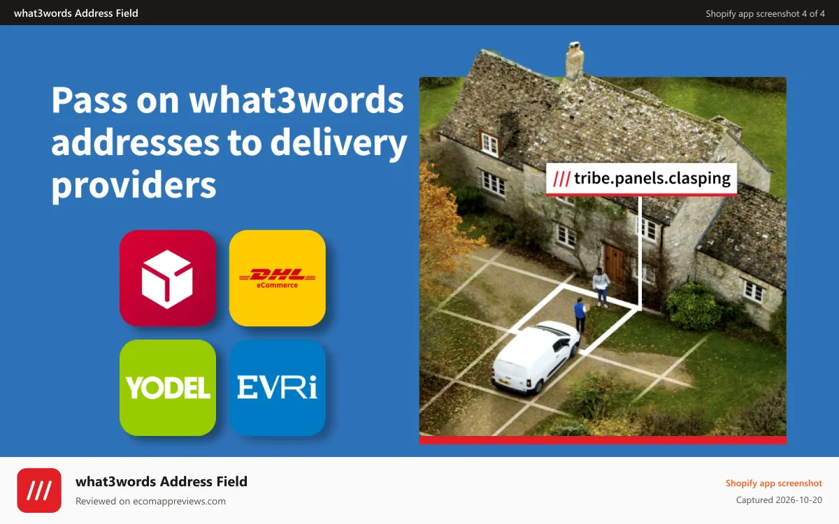 what3words Address Field Shopify app screenshot: DHL, DPD and Evri logos and van driving up to what3words address