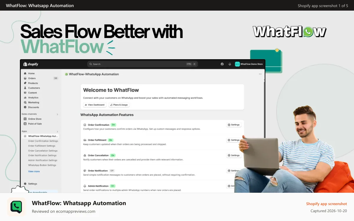 WhatFlow: Whatsapp Automation Shopify app screenshot: Home page