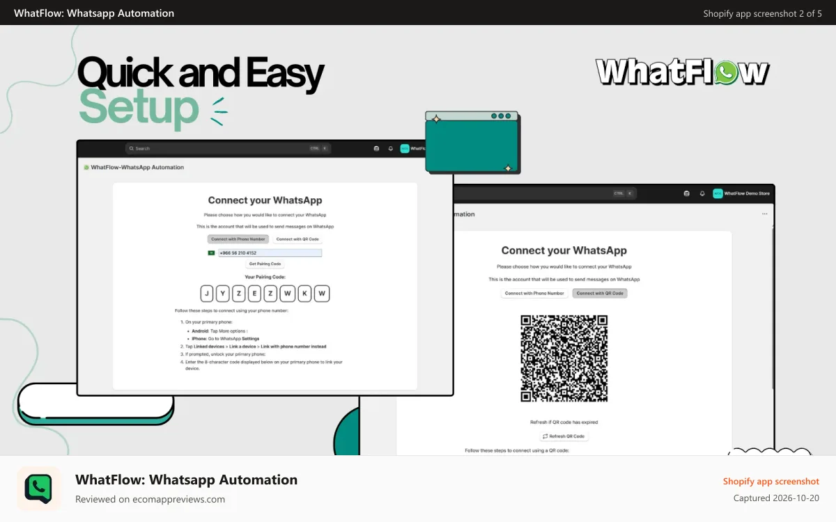 WhatFlow: Whatsapp Automation Shopify app screenshot: Scan QR Code or Connect using Phone Number