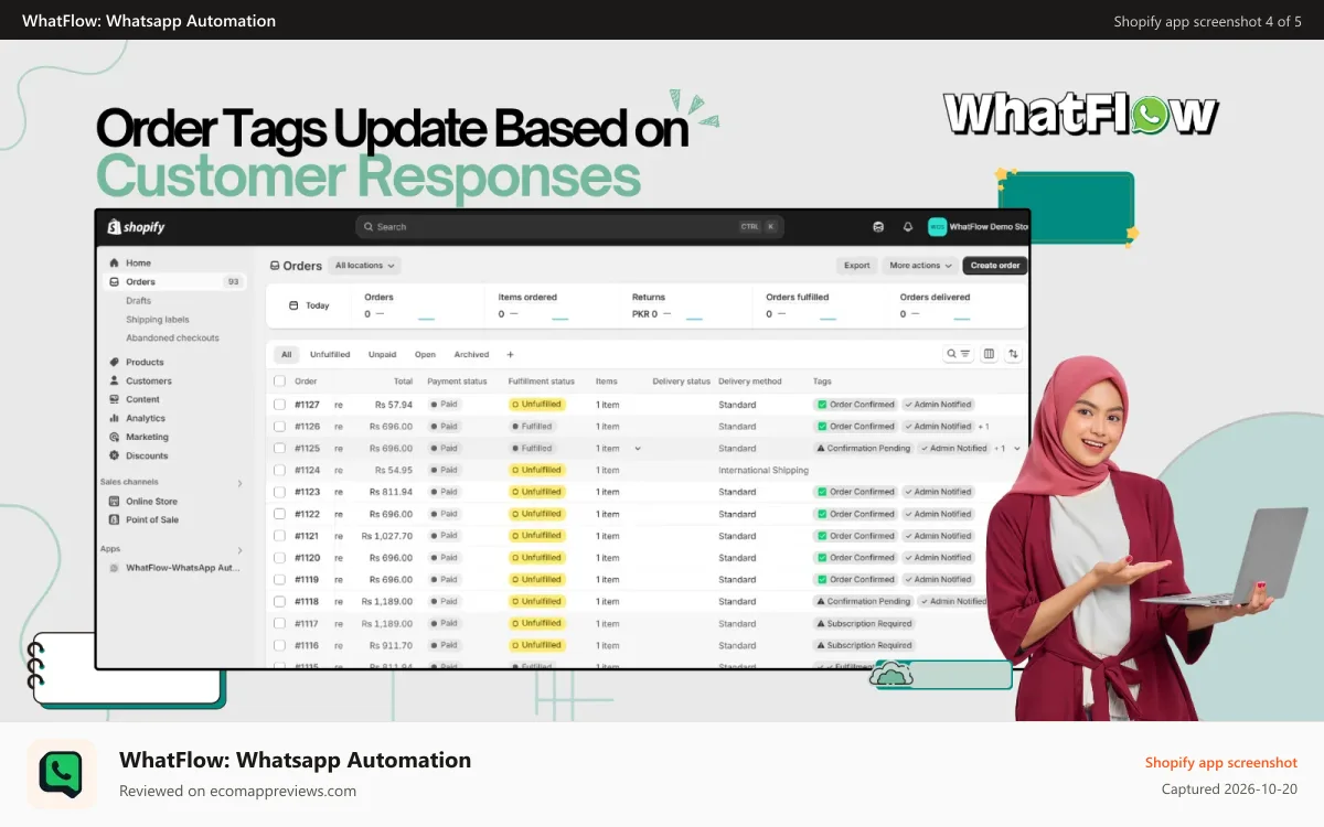 WhatFlow: Whatsapp Automation Shopify app screenshot: Tags are updated automatically! Hassle free order confirmations