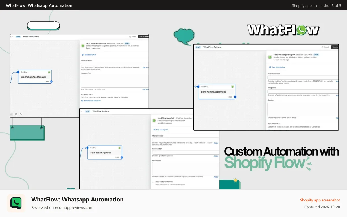WhatFlow: Whatsapp Automation Shopify app screenshot: Shopify Flow Integration for complex custom automations