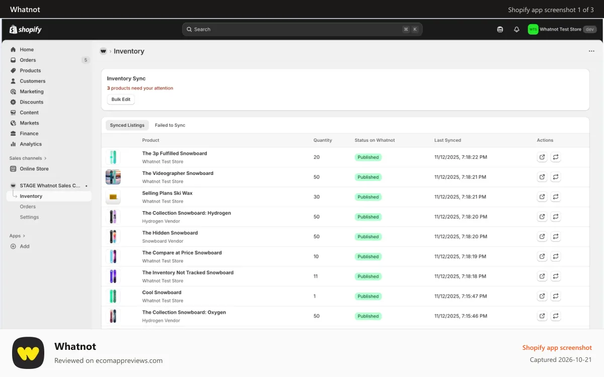 Whatnot Shopify app screenshot: Sync your inventory to Whatnot