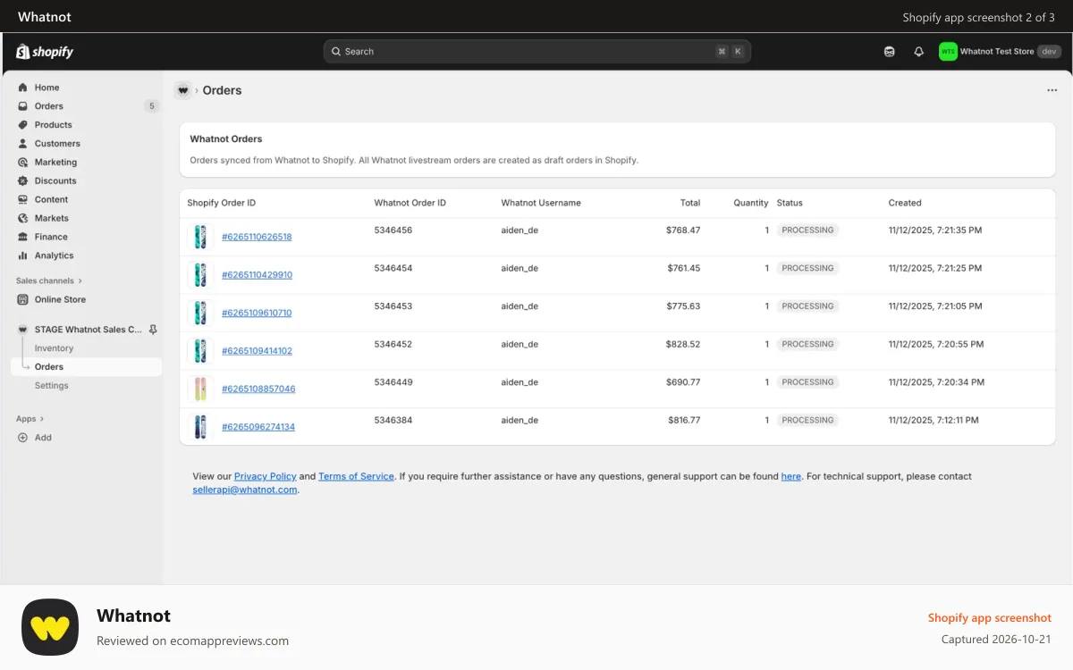 Whatnot Shopify app screenshot: When an order is purchased on Whatnot, it would sync back to Sho