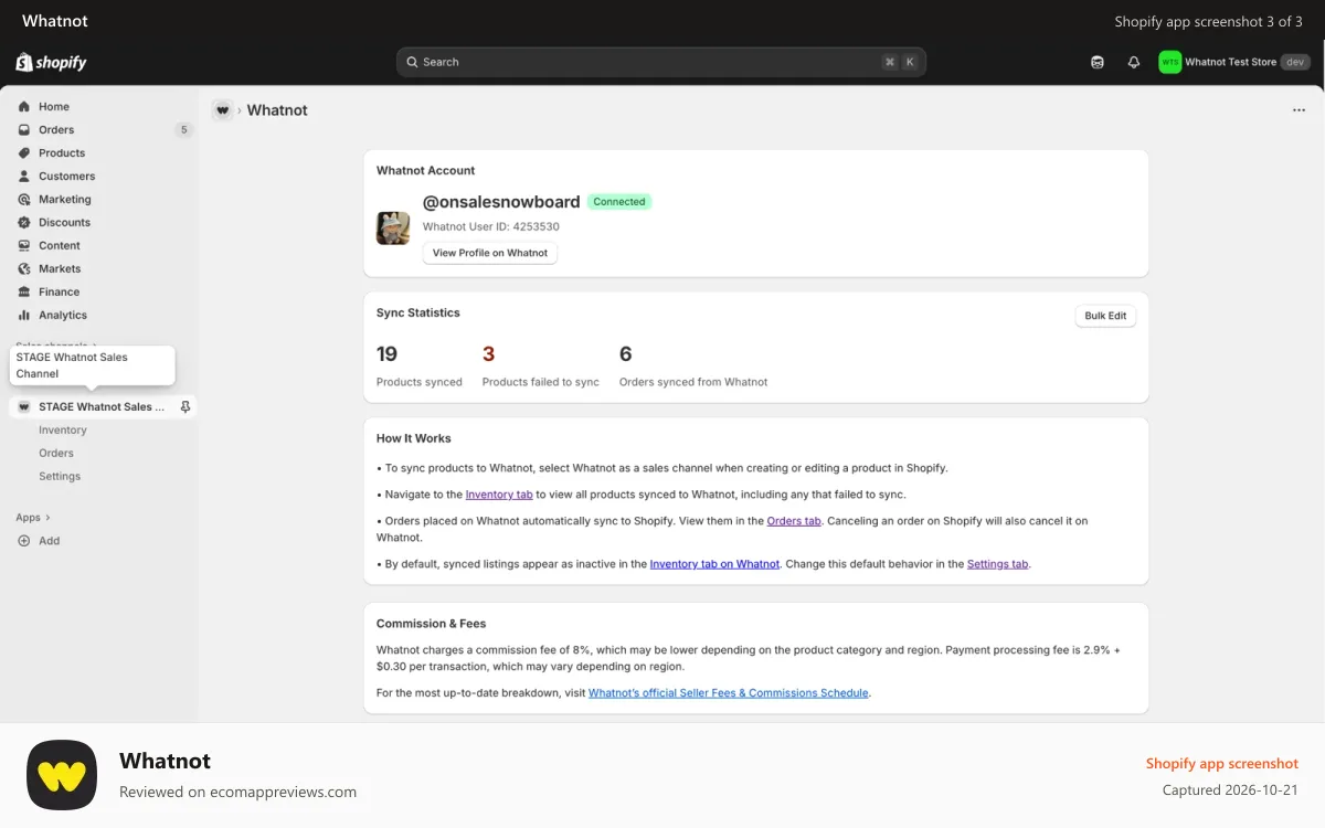 Whatnot Shopify app screenshot: View your connected account