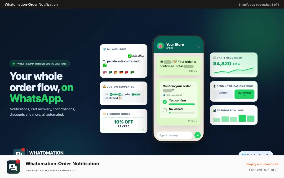 Whatomation‑Order Notification Shopify app screenshot: 01