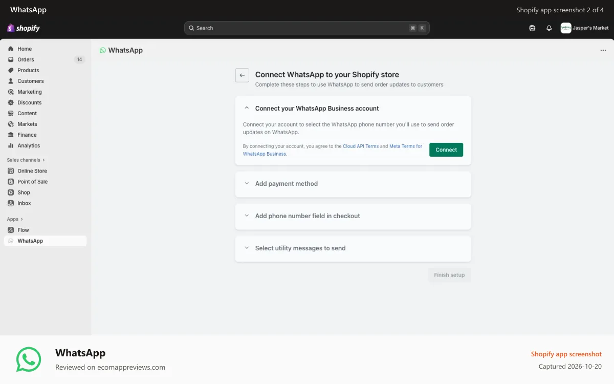 WhatsApp Shopify app screenshot: Connect your WhatsApp account and setup your message settings