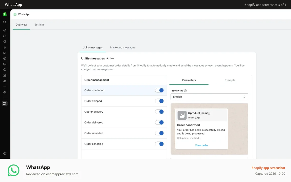 WhatsApp Shopify app screenshot: Manage and edit order updates that customers receive on WhatsApp