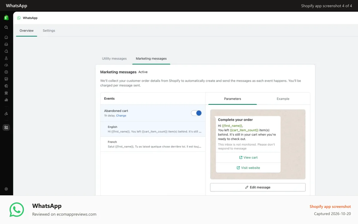 WhatsApp Shopify app screenshot: Recover abandoned carts and drive revenue with WhatsApp messages