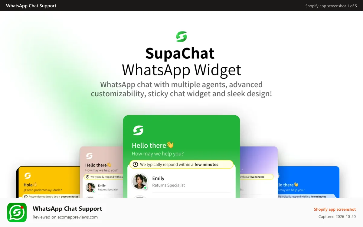 WhatsApp Chat Support Shopify app screenshot: SupaChat: Advanced WhatsApp Widget for Shopify