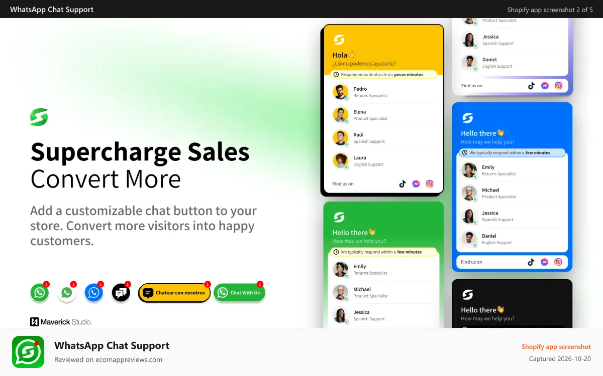 WhatsApp Chat Support Shopify app screenshot: SupaChat Widget: Advanced WhatsApp Widget for Shopify