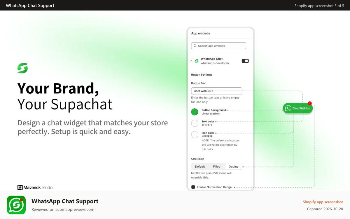 WhatsApp Chat Support Shopify app screenshot: Supachat Widget: Branded chat widget, quick setup