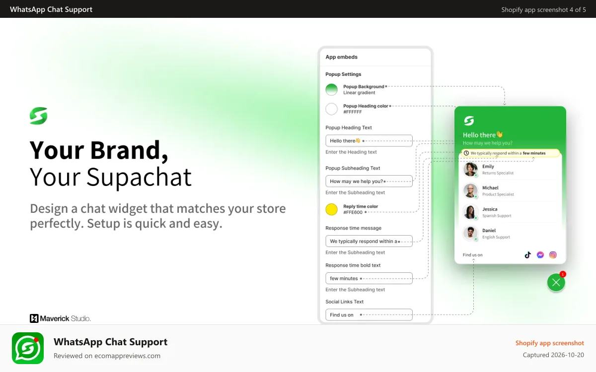 WhatsApp Chat Support Shopify app screenshot: Supachat Widget: Branded chat widget, quick setup