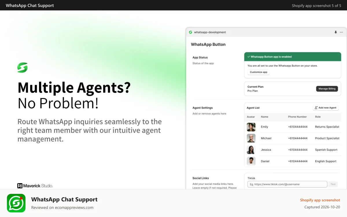 WhatsApp Chat Support Shopify app screenshot: Supacha Widget: Manage multiple WhatsApp agents with ease