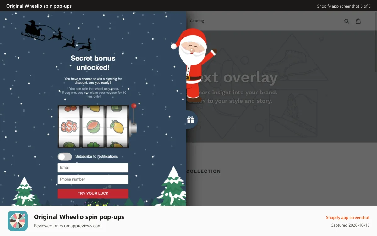 Original Wheelio spin pop‑ups Shopify app screenshot: rollie_desktop_1