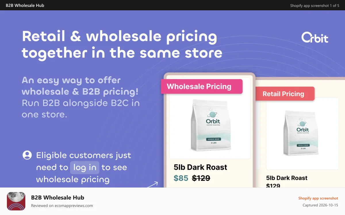 B2B Wholesale Hub Shopify app screenshot: Wholesale Hub B2B pricing and volume discounts for Shopify