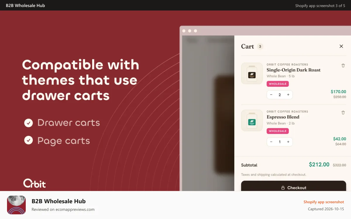 B2B Wholesale Hub Shopify app screenshot: Wholesale pricing discounts on product pages and drawer carts