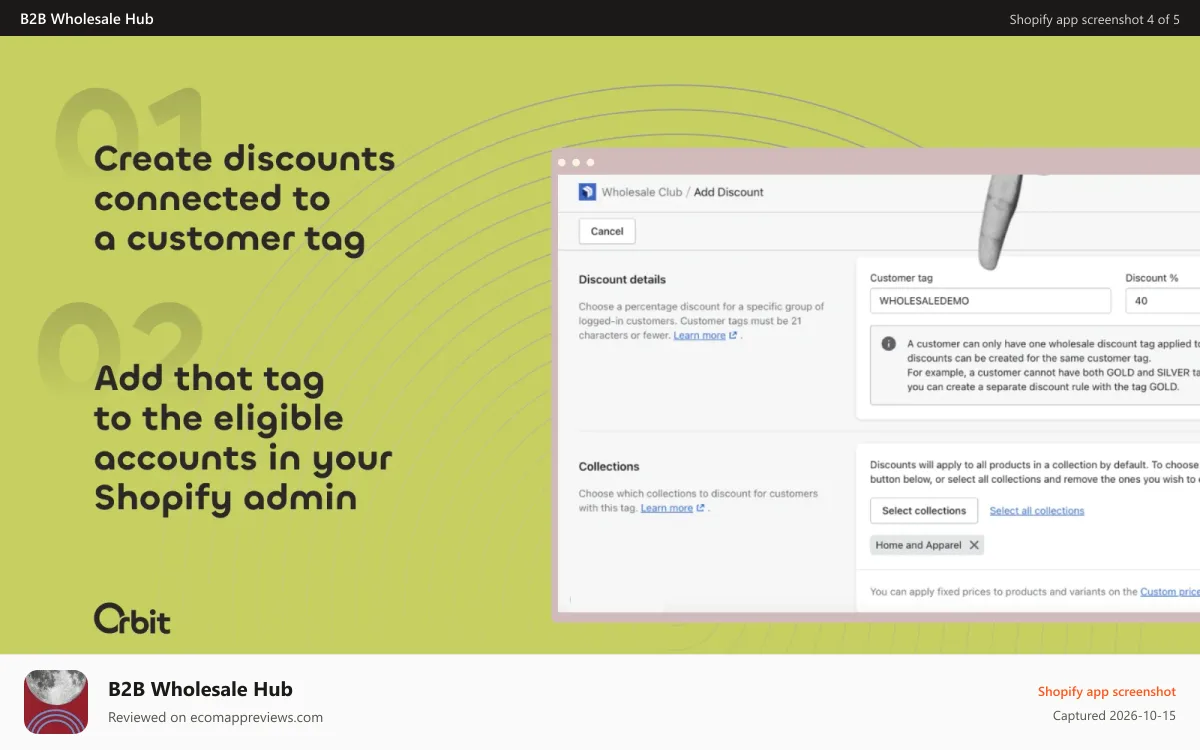 B2B Wholesale Hub Shopify app screenshot: Create custom B2B discounts connected to a customer tag
