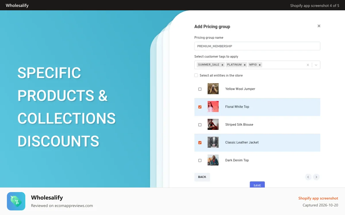 Wholesalify Shopify app screenshot: specific products and collections discount