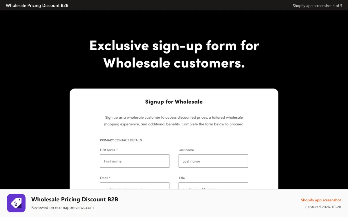 Wholesale Pricing Discount B2B Shopify app screenshot: Exclusive sign-up form for wholesale B2B customers