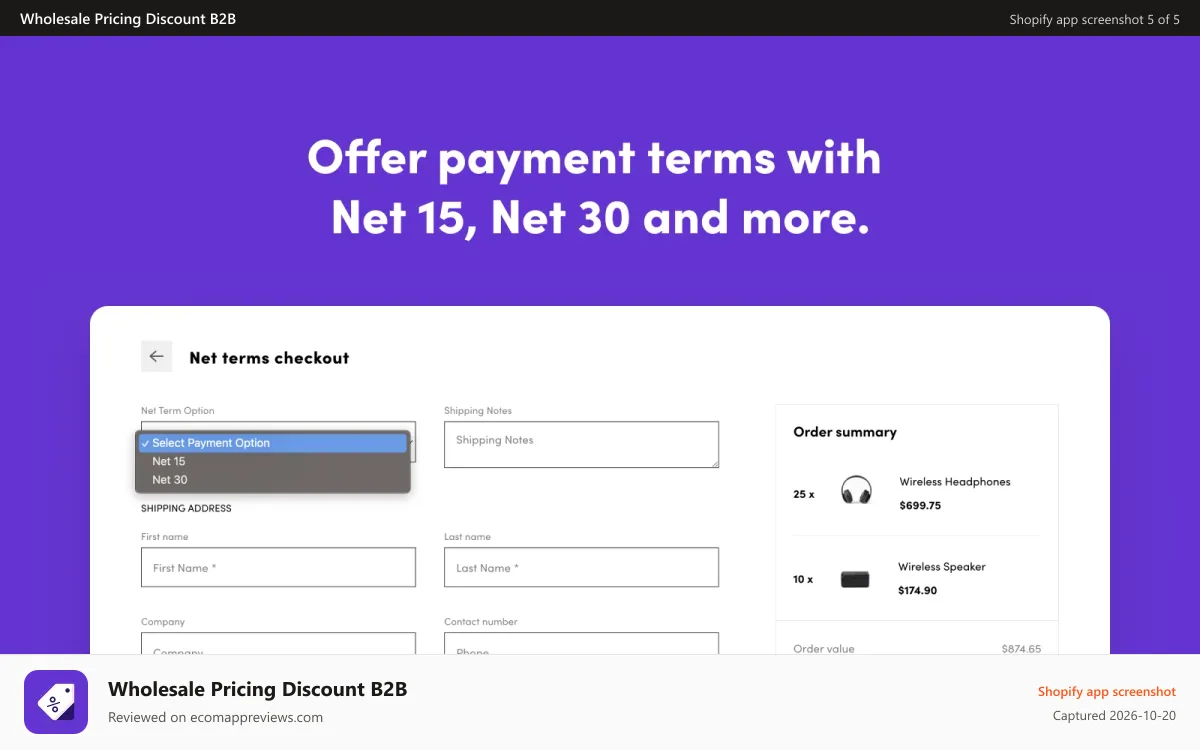 Wholesale Pricing Discount B2B Shopify app screenshot: Offer payment terms with Net 15, Net 30 and more