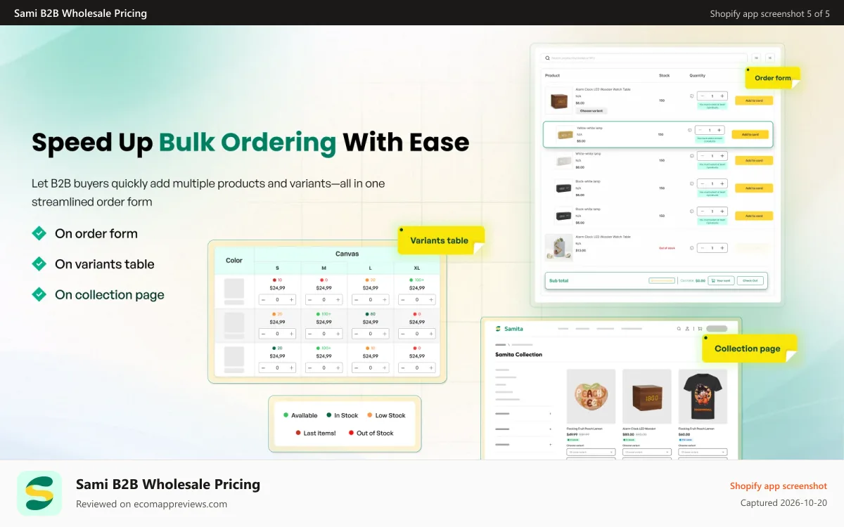 Sami B2B Wholesale Pricing Shopify app screenshot: Quick Order Form