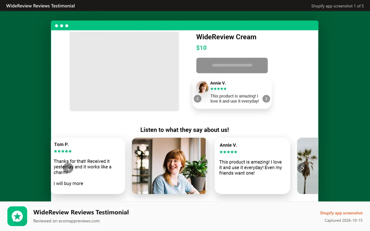 WideReview Reviews Testimonial Shopify app screenshot: Reviews carousel WideReview