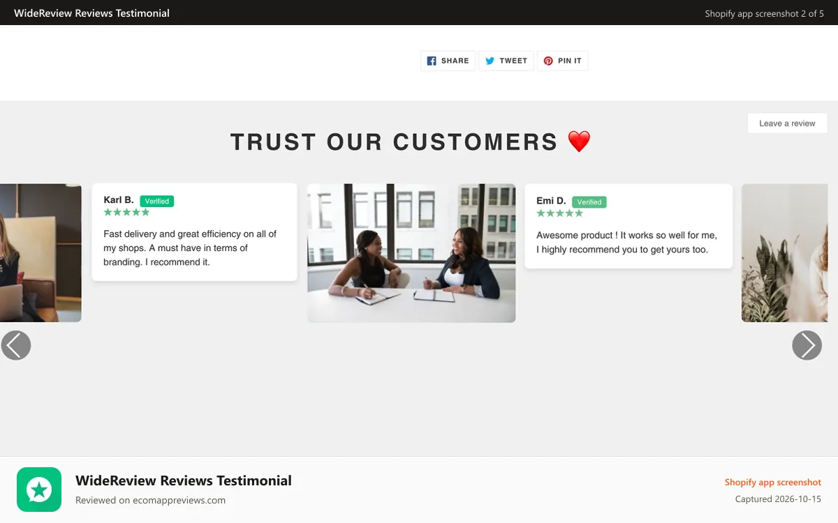 WideReview Reviews Testimonial Shopify app screenshot: WideReview Carousel Reviews. Reviews in slider