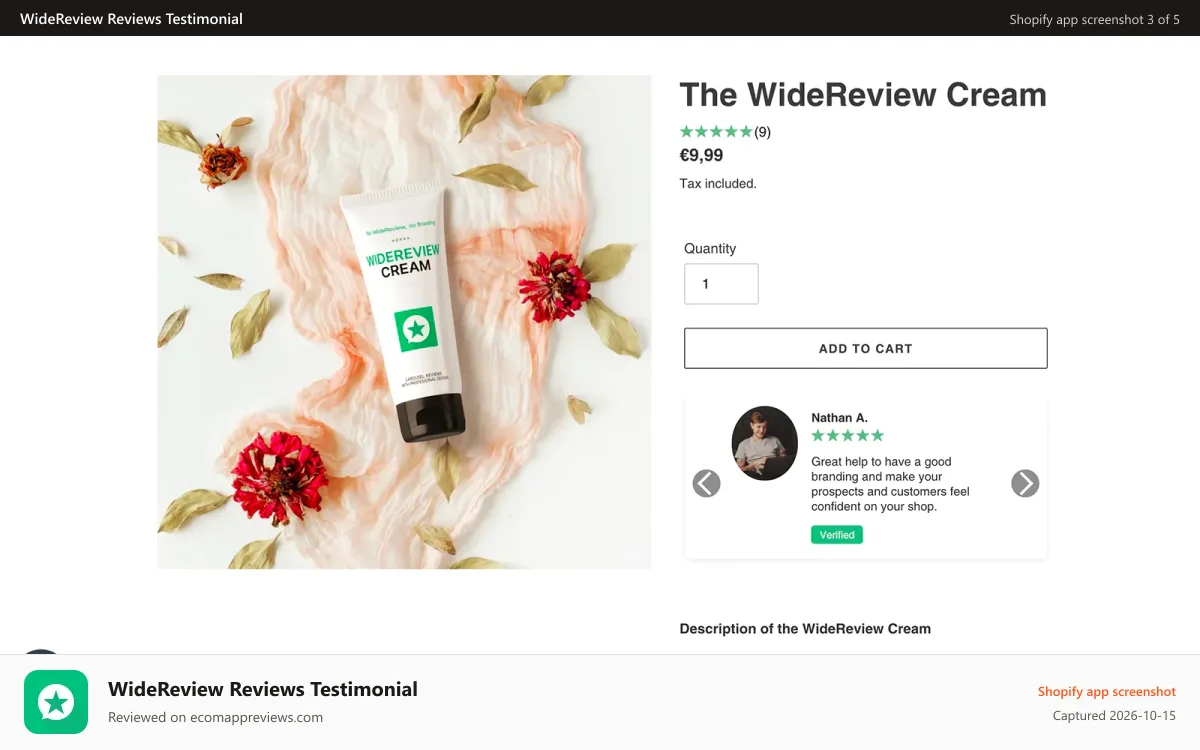 WideReview Reviews Testimonial Shopify app screenshot: Products on WideReview - Add mini carousel below the button ATC