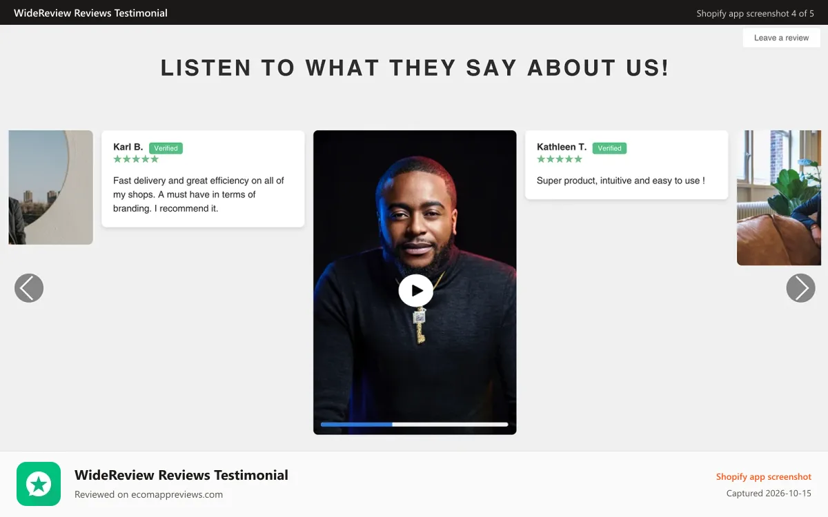 WideReview Reviews Testimonial Shopify app screenshot: Videos on WideReview - Update the carrousel reviews