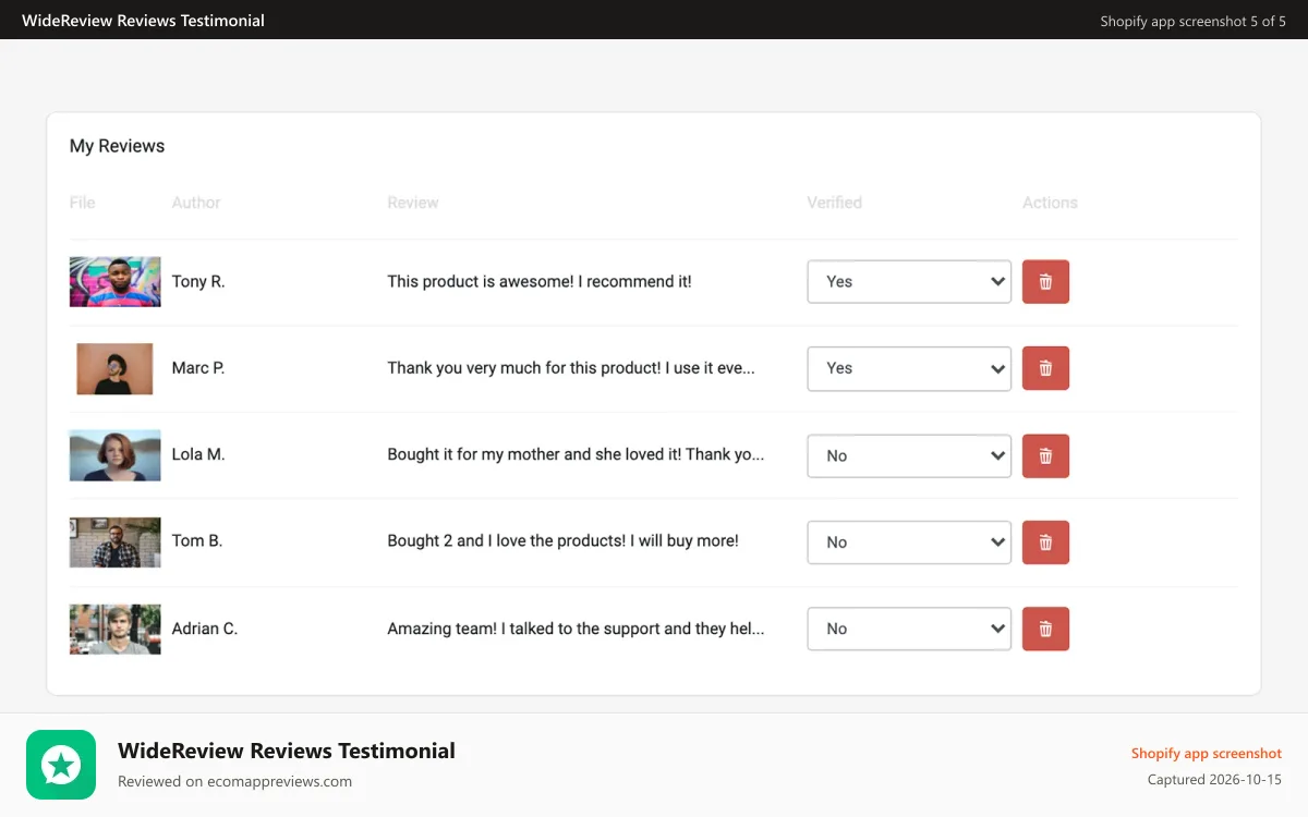 WideReview Reviews Testimonial Shopify app screenshot: Edit and remove reviews from slider reviews